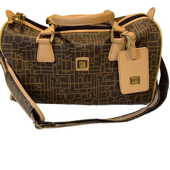 Diane Von Furstenberg DVF Brown Tan Leather Monogram Travel  Duffel Bag Tote - Picture 1 of 13
